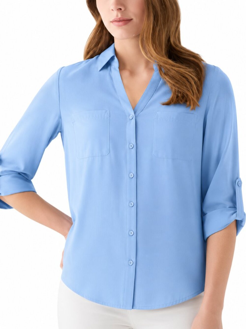 IZ Byer Casual 3/4 Sleeve Button Down Blouse light blue Size Mediium